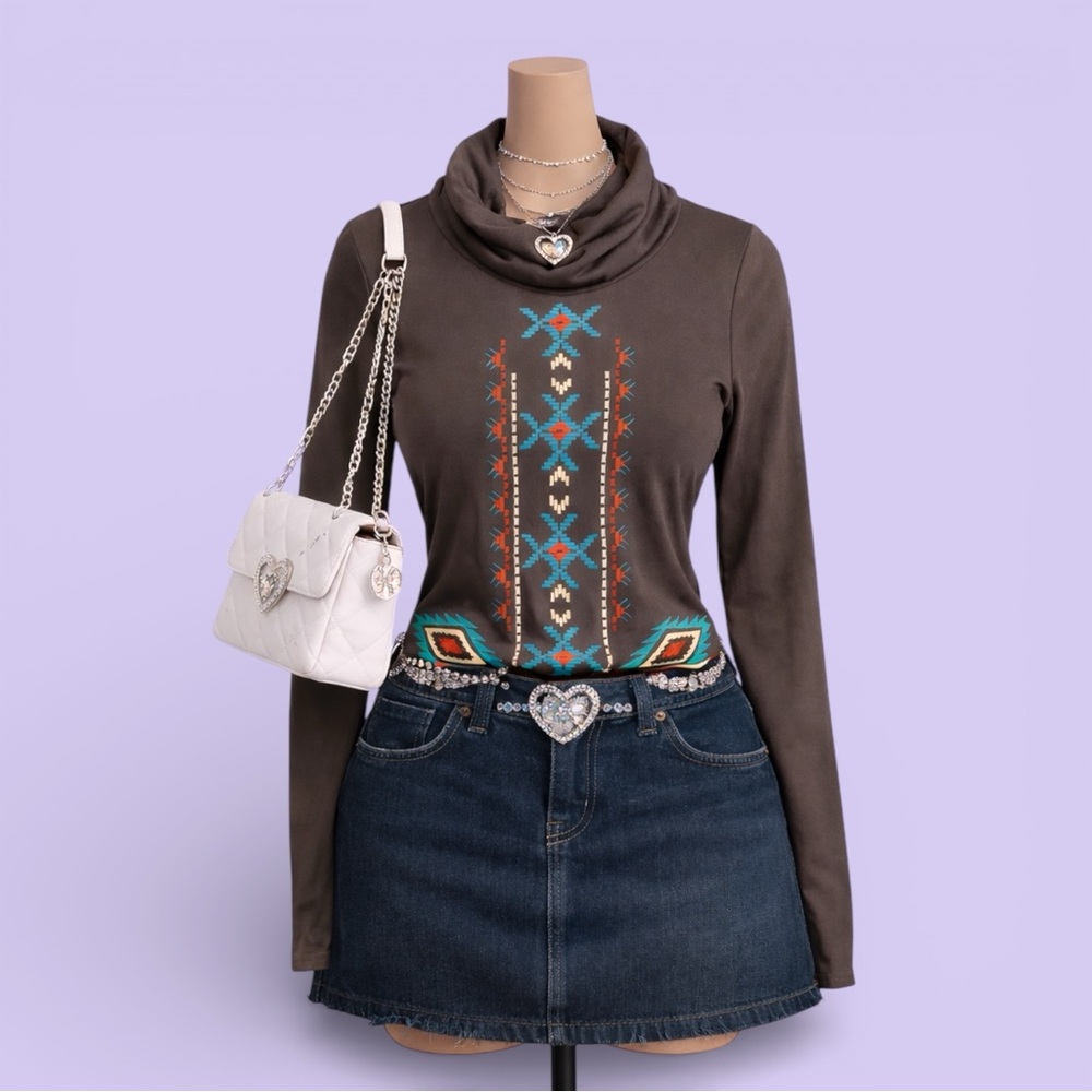 Roper Western Brown Embroidered Turtleneck Top 1X Southwestern Boho Stretch